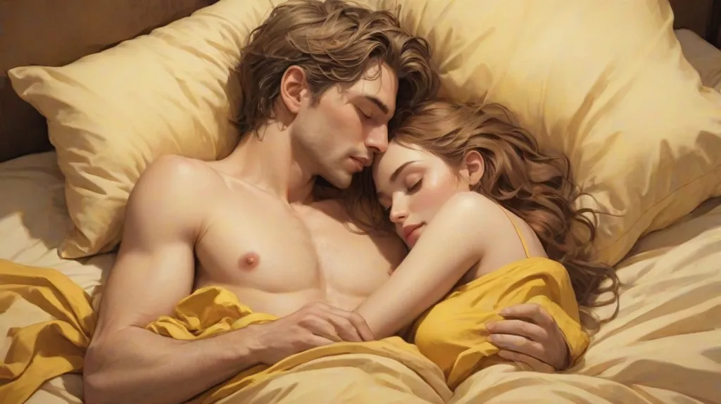 A couple - woman and man lying in bed in a loving embrace