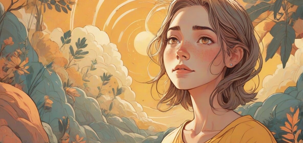 Ilustracja przedstawiająca spokojną osobę z wyrazem ulgi na twarzy, ucieleśniająca koncepcję 'Brak bólu'. Osoba jest umieszczona centralnie, oddając istotę spokoju i ulgi.