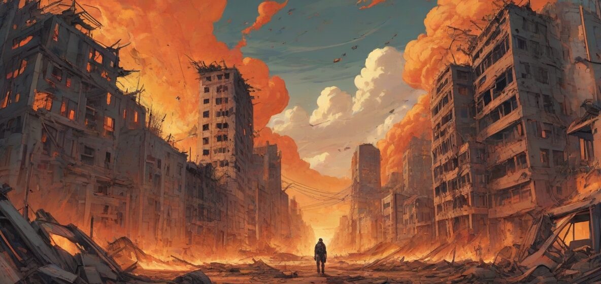 Ilustracja Armagedonu, przedstawiająca masywną, apokaliptyczną scenę z ognistym niebem i walącymi się budynkami. Scena jest dramatyczna i intensywna, oddając istotę chaosu i zniszczenia.