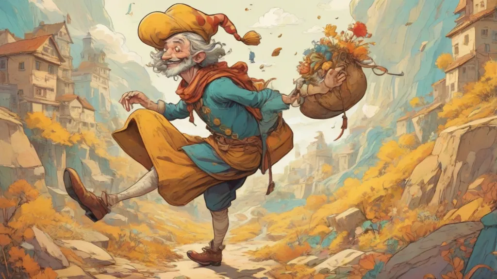 Ilustracja Głupca, postaci symbolizującej nowe początki i ryzyko, wyraźnie wyeksponowana. Głupiec jest przedstawiony jako kapryśna postać, być może z małą torbą, z aurą beztroskiej przygody i spontaniczności, ucieleśniająca wolność i naiwność.