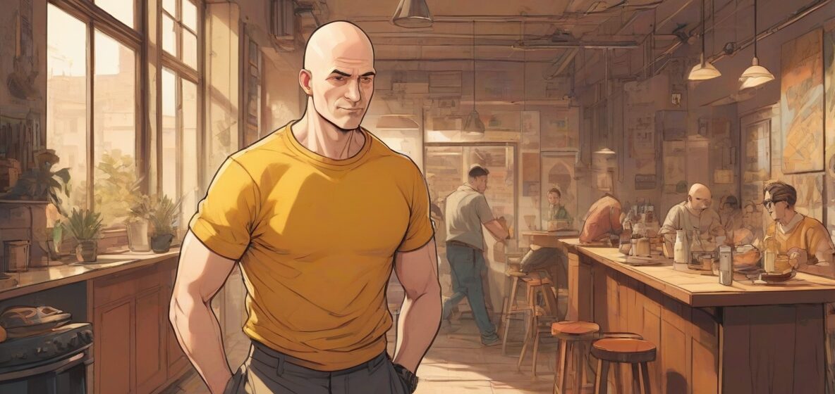 Ilustracja przedstawiająca łysą osobę w nowoczesnym europejskim otoczeniu, wyraźnie widoczną na pierwszym planie, uchwycającą istotę nowoczesności i samoakceptacji.