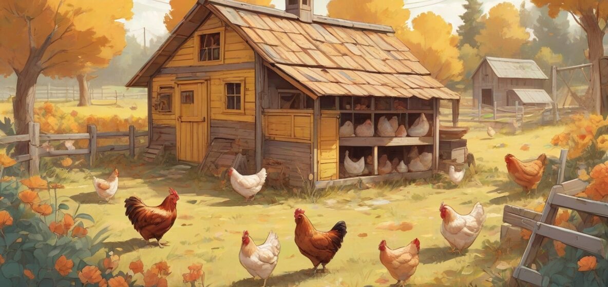 Ilustracja przedstawiająca kurnik z kurami w środku, wyraźnie widoczny na pierwszym planie. Kurnik jest szczegółowo przedstawiony i zajmuje większość sceny, ukazując jego rustykalny urok.