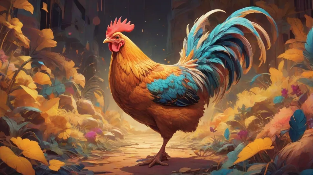 Ilustracja kurczaka na pierwszym planie, wyraźnie widocznego i zajmującego większą część kadru, z detalami i żywymi kolorami piór.