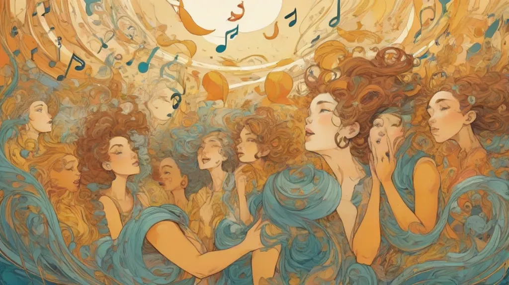 Ilustracja refrenu w śnie, symbolizująca powtarzające się myśli lub emocje. Refren jest głównym elementem, reprezentującym cykl w życiu, który wymaga uwagi. Jest przedstawiony jako nuta muzyczna lub linia tekstu, oddając istotę refleksji i introspekcji.