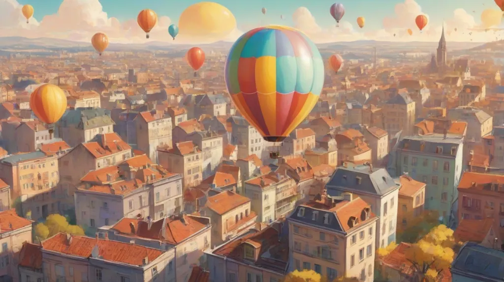 Ilustracja kolorowego balonu unoszącego się w niebie, zajmującego większość kadru, z delikatnie widocznym w tle współczesnym europejskim krajobrazem miejskim.