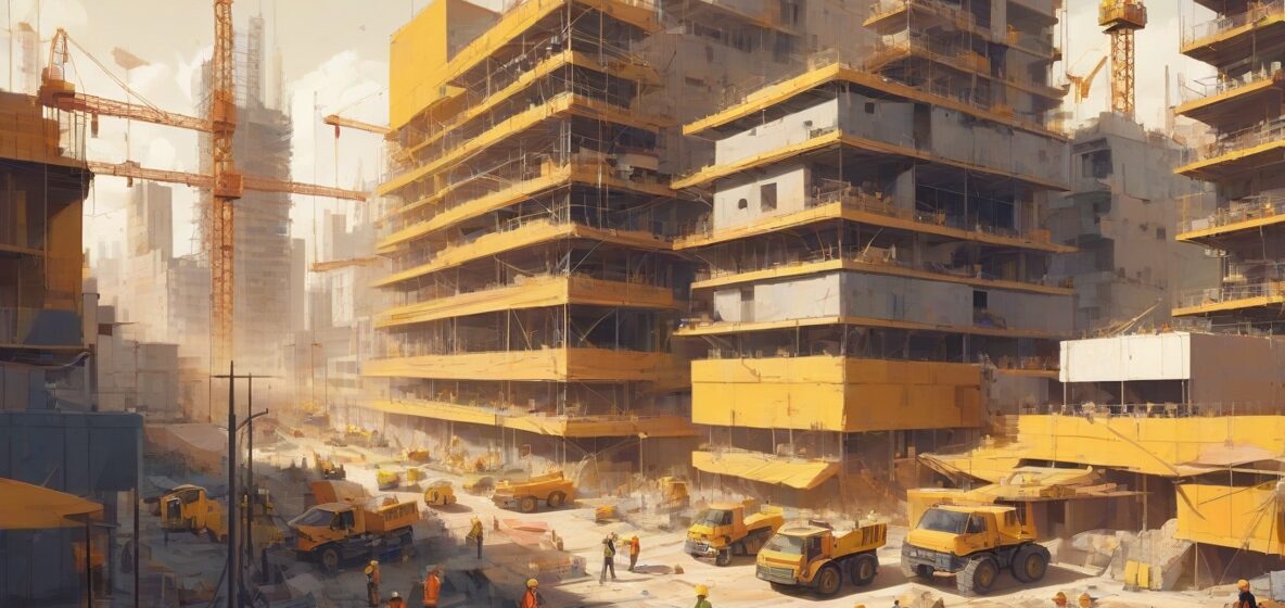 Ilustracja placu budowy w nowoczesnym europejskim mieście. Skupienie na częściowo zbudowanym budynku z widocznymi dźwigami i pracownikami. Scena uchwyca tętniącą życiem aktywność i postęp procesu budowy.