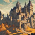 Ilustracja przedstawiająca mroczny zamek, monumentalną gotycką fortecę we współczesnej Europie, dramatyczne cienie, nastrojowy klimat, bardzo wysoki poziom detali.