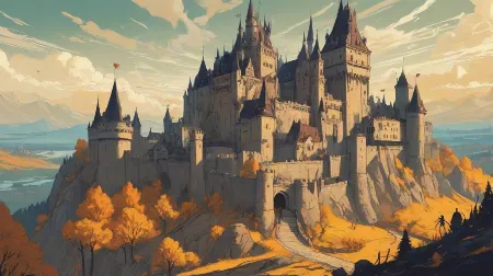 Ilustracja przedstawiająca mroczny zamek, monumentalną gotycką fortecę we współczesnej Europie, dramatyczne cienie, nastrojowy klimat, bardzo wysoki poziom detali.