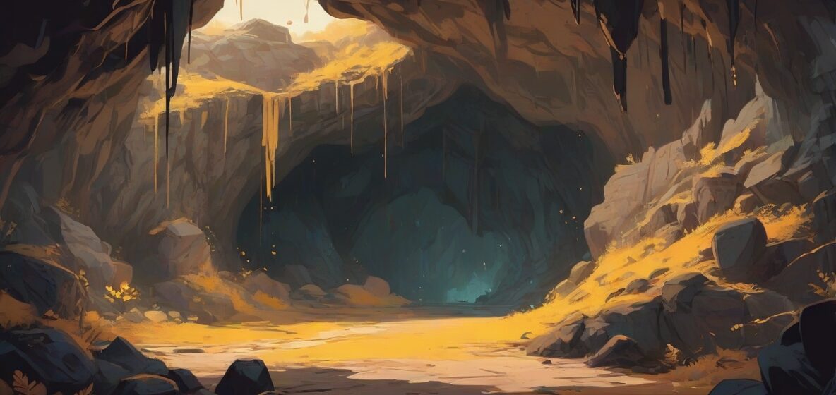 Ilustracja przedstawiająca głębokie, ciemne wejście do jaskini, wyraźnie widoczne na pierwszym planie. Jaskinia jest tajemnicza i zachęcająca, z cieniami bawiącymi się wokół wejścia, sugerując ukryte w niej sekrety.