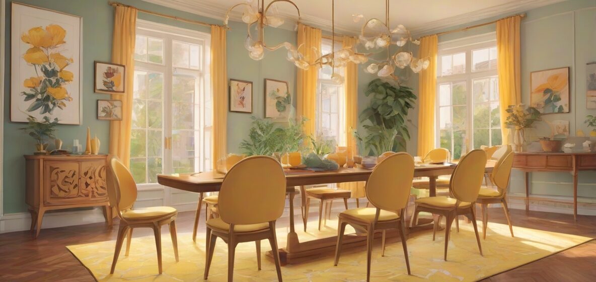 Ilustracja jadalni z dużym, eleganckim stołem przygotowanym do posiłku. Stół jest centralnym punktem, otoczony stylowymi krzesłami, a pomieszczenie jest dobrze oświetlone, prezentując nowoczesny europejski design.