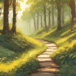 Ilustracja przedstawiająca ścieżkę leśną, wijącą się przez gęsty las. Ścieżka otoczona jest wysokimi, bujnymi drzewami, przez których liście przebija się światło słoneczne, tworząc spokojną i harmonijną atmosferę. Skupienie jest na samej ścieżce, zachęcając widza do wyobrażenia sobie spaceru nią.