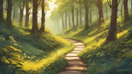 Ilustracja przedstawiająca ścieżkę leśną, wijącą się przez gęsty las. Ścieżka otoczona jest wysokimi, bujnymi drzewami, przez których liście przebija się światło słoneczne, tworząc spokojną i harmonijną atmosferę. Skupienie jest na samej ścieżce, zachęcając widza do wyobrażenia sobie spaceru nią.