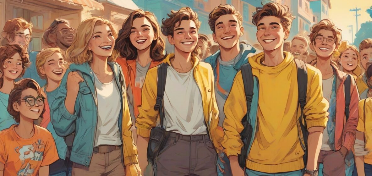 Ilustracja przedstawiająca grupę młodych ludzi w nowoczesnej europejskiej modzie, stojących pewnie z jasnymi uśmiechami. Emanują energią i optymizmem, symbolizując dynamicznego ducha młodzieży.