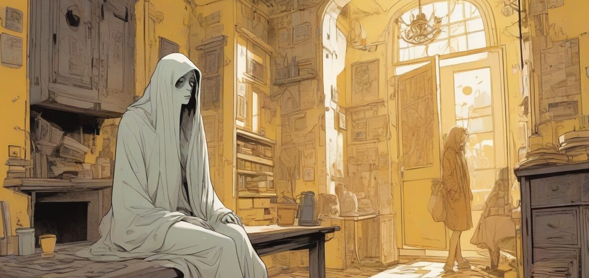 Ilustracja przedstawiająca nawiedzenie we współczesnym europejskim otoczeniu, z postacią duchową wyraźnie widoczną na pierwszym planie. Postać powinna być tajemnicza i lekko przezroczysta, oddając istotę nadprzyrodzoności we współczesnym kontekście.