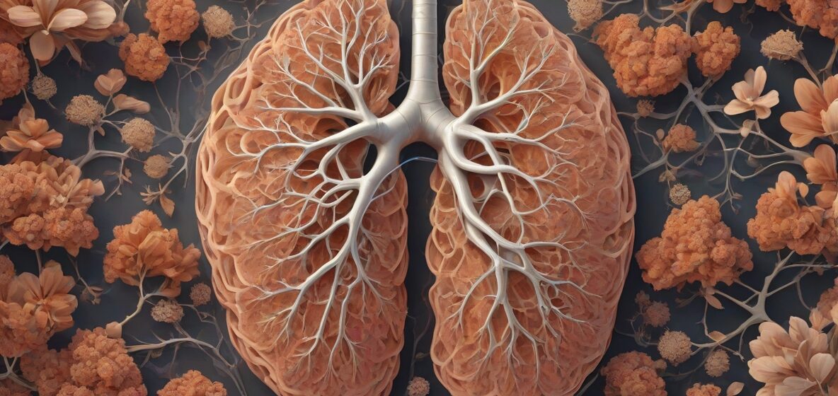 Ilustracja ludzkiego płuca, wyraźnie ukazanego na środku obrazu. Płuco jest przedstawione w realistycznym stylu, ukazującym jego skomplikowaną sieć oskrzeli i pęcherzyków płucnych. Tło jest w delikatnym, neutralnym kolorze, aby podkreślić szczegóły i strukturę płuca.