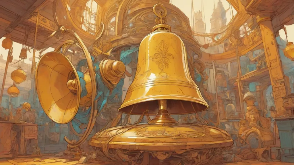 Ilustracja dużego, zabytkowego dzwonu, wyraźnie widocznego na pierwszym planie. Dzwon jest misternie zaprojektowany, oddając istotę jego historycznego znaczenia, z błyszczącą powierzchnią odbijającą światło. Stoi jako samotna figura, wzbudzając poczucie ponadczasowości i ważności.