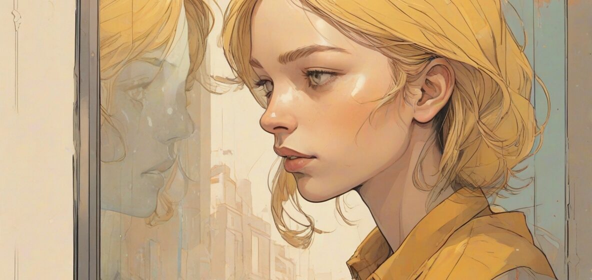 Ilustracja lustra odbijającego twarz osoby. Twarz jest wyraźna i szczegółowa, zajmując większość kadru, symbolizując samorefleksję i introspekcję. Otoczenie jest nowoczesne i minimalistyczne, podkreślając wyraz twarzy.