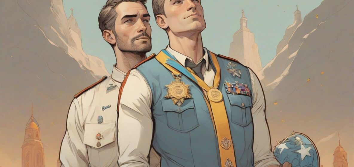 Ilustracja przedstawiająca współczesnego europejskiego mężczyznę, stojącego pewnie z medalem honoru wyeksponowanym na piersi. Medal powinien być głównym punktem obrazu, symbolizując integralność i szacunek we współczesnym społeczeństwie.