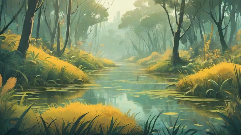 Ilustracja współczesnego europejskiego mokradła, z bujną roślinnością i mglistą atmosferą, oddająca tajemniczą i spokojną istotę terenów podmokłych.
