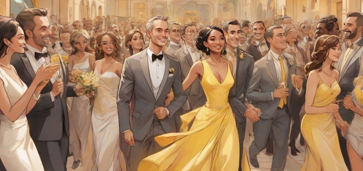 Ilustracja nowoczesnej ceremonii, przedstawiająca zróżnicowaną grupę osób w eleganckich strojach, zgromadzonych w współczesnym europejskim otoczeniu. Na pierwszym planie znajduje się centralna postać, która prowadzi ceremonię z gracją i wdziękiem.