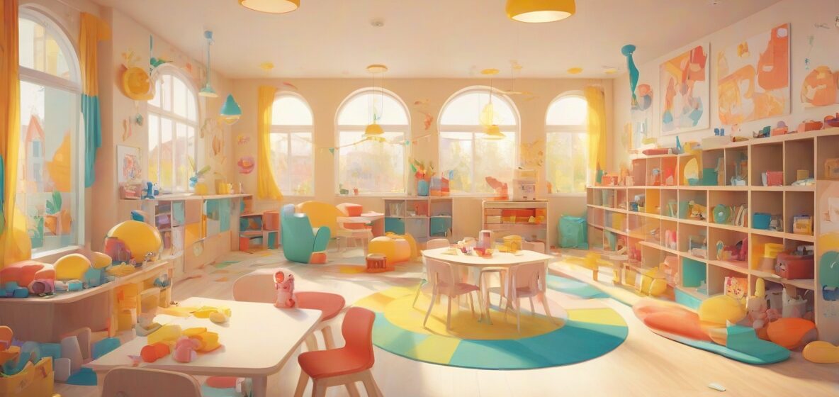 Ilustracja nowoczesnego żłobka w Europie. Żłobek jest pełen kolorowych zabawek i mebli, tworząc ciepłą i przyjazną atmosferę. Skupienie jest na samym żłobku, z jasnymi kolorami i poczuciem bezpieczeństwa i opieki.