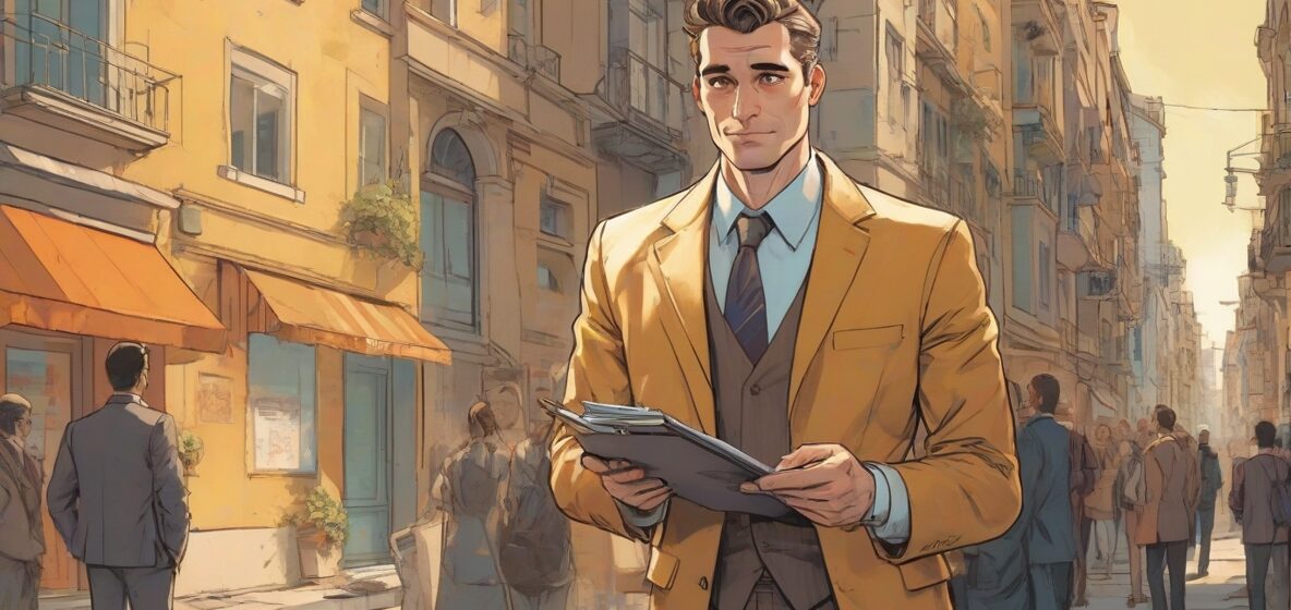 Ilustracja nowoczesnego windykatora trzymającego clipboard, ubranego w garnitur, stojącego pewnie w współczesnym europejskim mieście. Windykator jest w centrum uwagi, emanując autorytetem i profesjonalizmem.