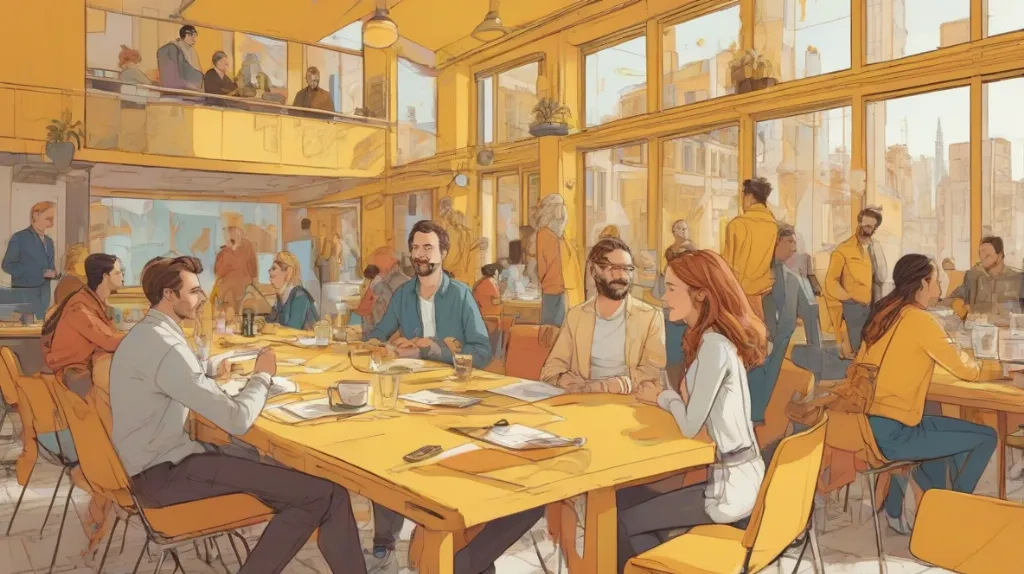 Ilustracja nowoczesnego spotkania z ludźmi w współczesnym europejskim otoczeniu, skupiająca się na głównym temacie na pierwszym planie.