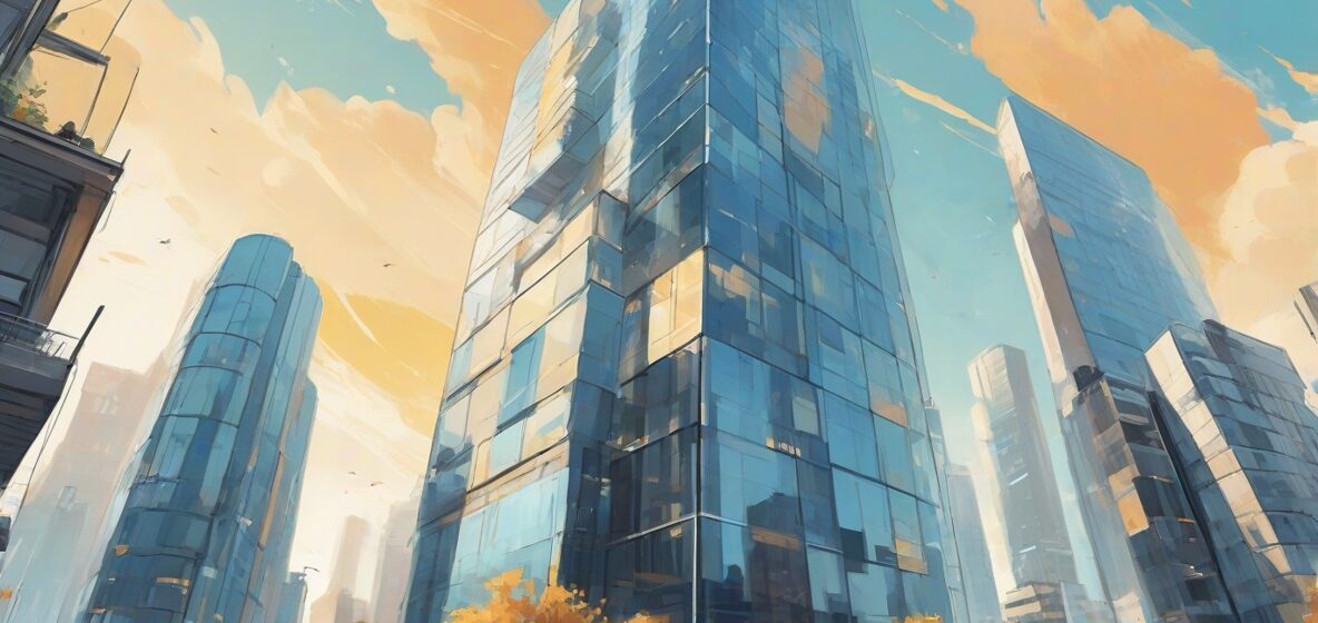 Ilustracja nowoczesnej, eleganckiej krawędzi szklanego wieżowca w europejskim mieście, z czystym niebieskim niebem w tle. Krawędź jest ostra i dobrze zdefiniowana, zajmuje większość kadru.