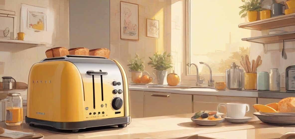 Ilustracja nowoczesnego opiekacza, wyraźnie pokazana na pierwszym planie, prezentująca jego elegancki design i stalowe wykończenie.