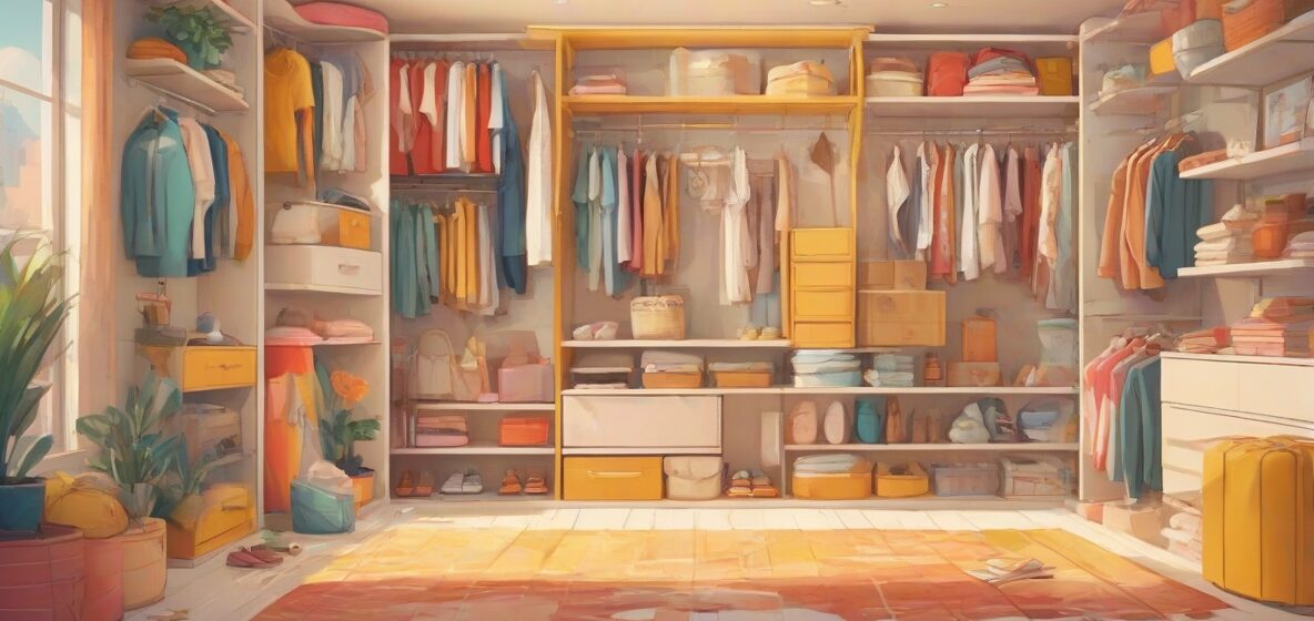 Ilustracja nowoczesnej garderoby, wyraźnie widocznej, wypełnionej starannie ułożonymi ubraniami, symbolizująca transformację i odkrywanie siebie.