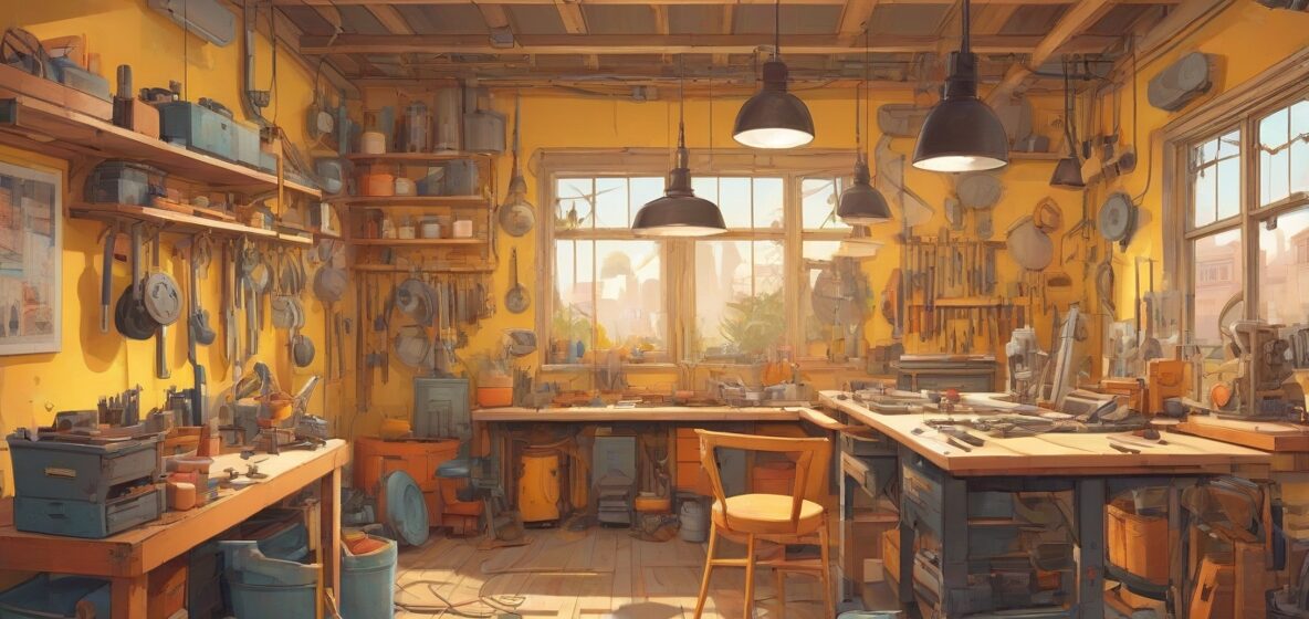 Ilustracja nowoczesnego warsztatu, z różnymi narzędziami i sprzętem wyraźnie widocznymi na pierwszym planie. Sceneria jest współczesna, odzwierciedlająca europejski styl, z naciskiem na kreatywność i rzemiosło.