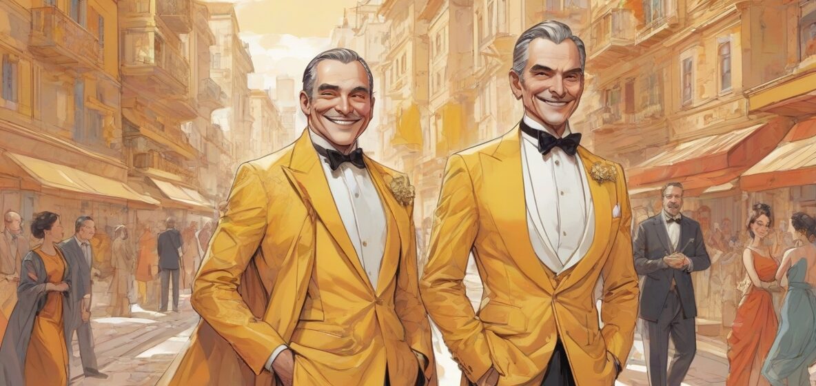 Ilustracja współczesnego hrabiego, ubranego w elegancki garnitur, emanującego aurą autorytetu i wyrafinowania. Hrabia jest centralną postacią, przyciągając uwagę pewną postawą i subtelnym uśmiechem, łącząc tradycyjną szlachetność z nowoczesnym stylem.