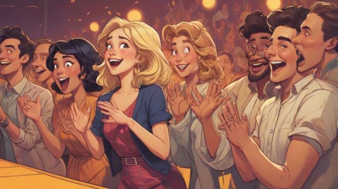 Ilustracja współczesnego talent show z panelem jurorów wyraźnie pod wrażeniem i oklaskujących. Główny nacisk kładziony jest na wyrazy zachwytu i podziwu na twarzach jurorów.