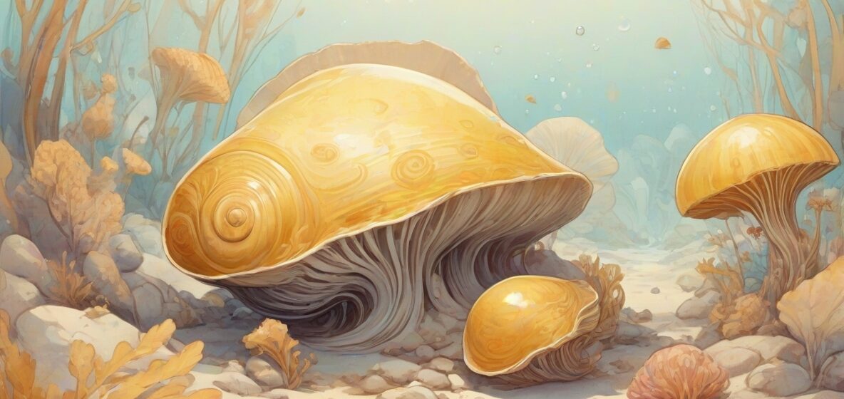 Ilustracja mięczaka, wyraźnie widocznego na pierwszym planie, ukazującego jego delikatne i miękkie cechy. Mięczak powinien być głównym punktem, oddając jego unikalną strukturę i formę.