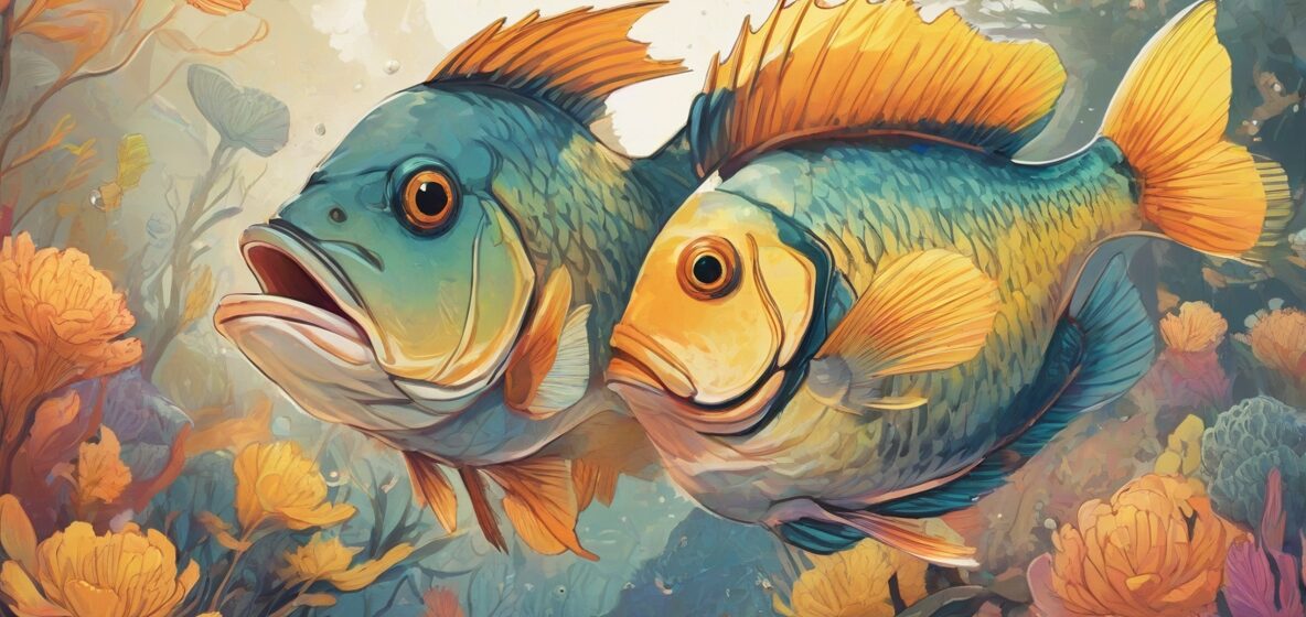 Ilustracja okonia wyraźnie widocznego na pierwszym planie, ukazująca jego charakterystyczne cechy i kolory.