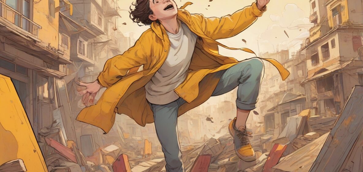 Ilustracja przedstawiająca osobę w współczesnym europejskim ubraniu, stojącą wyraźnie na pierwszym planie, zaangażowaną w czynność rwania czegoś z widocznym wysiłkiem.