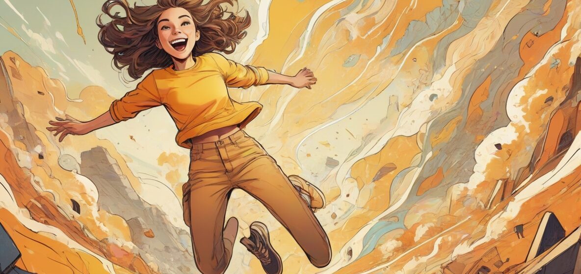 Ilustracja osoby skaczącej energicznie, oddająca istotę współczesnego entuzjazmu i gotowości do pokonywania wyzwań.