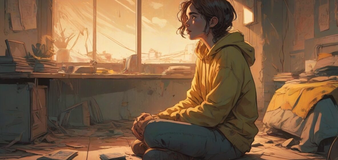 Ilustracja przedstawiająca osobę siedzącą samotnie w słabo oświetlonym pokoju, z wyrazem udręki na twarzy, oddająca istotę współczesnej udręki.