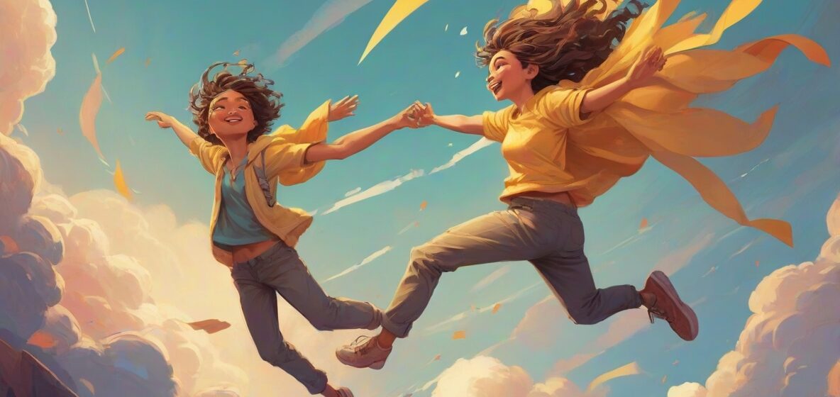 Ilustracja przedstawiająca osobę wznoszącą się w niebo, symbolizującą wolność i aspiracje. Postać jest wyraźnie widoczna, oddając istotę uwalniania się od ziemskich ograniczeń.