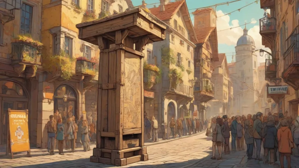 Ilustracja pręgierza w nowoczesnym centrum europejskiego miasta, wyraźnie przedstawiona na pierwszym planie. Pręgierz ukazany jest w detalach, podkreślając jego historyczny design, z tętniącym życiem miejskim otoczeniem w tle.