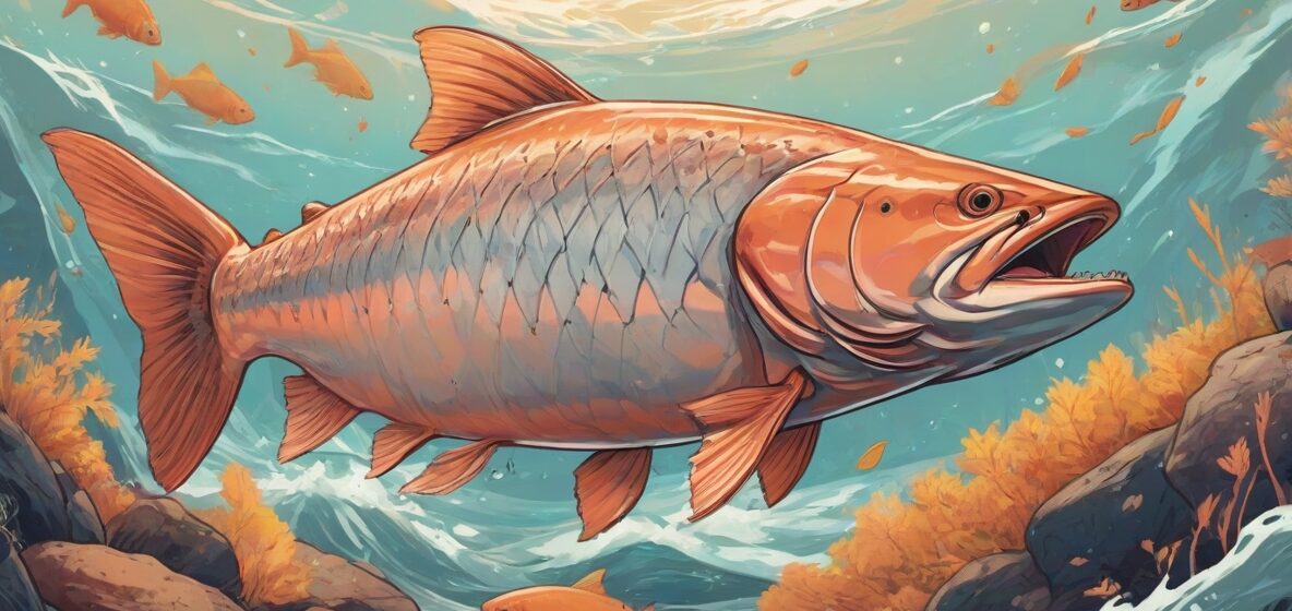 Ilustracja łososia na pierwszym planie, wyraźnie widocznego, ukazująca jego siłę i elegancję.
