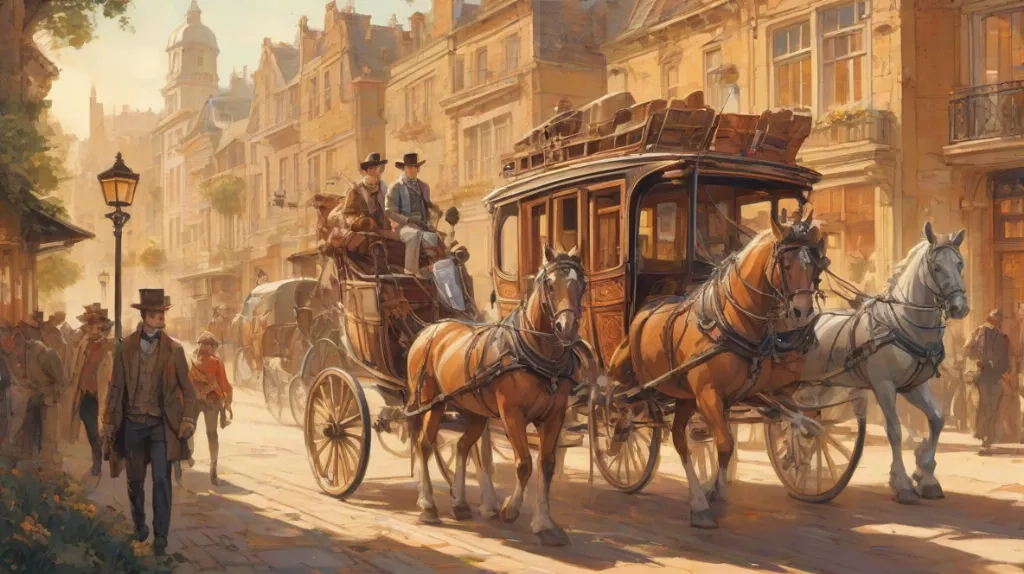 Ilustracja dyliżansu, wyraźnie widocznego i zajmującego większą część kadru. Dyliżans jest przedstawiony we współczesnej europejskiej scenerii, ukazując jego historyczny design z misternymi detalami. Skupienie jest na samym dyliżansie, podkreślając jego znaczenie i okazałość.
