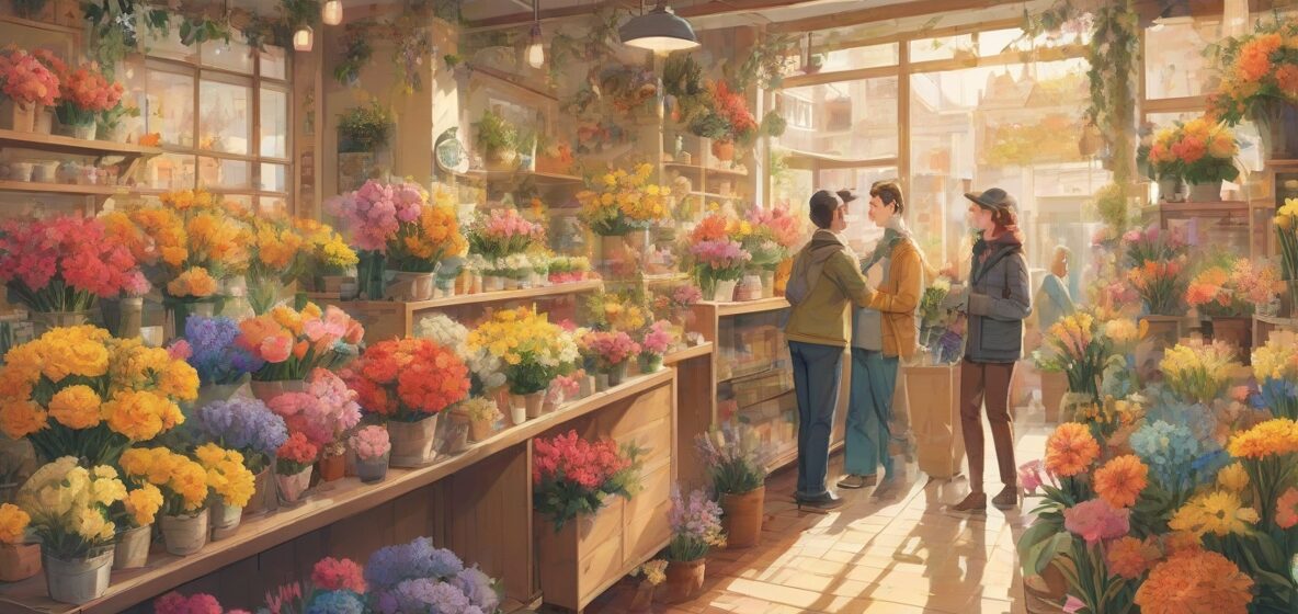 Ilustracja tętniącej życiem kwiaciarni wypełnionej różnorodnymi kolorowymi kwiatami. Sklep pełen jest ruchu, ludzie wybierają bukiety, a florysta z troską układa kwiaty. Scena oddaje istotę współczesnej europejskiej kwiaciarni.