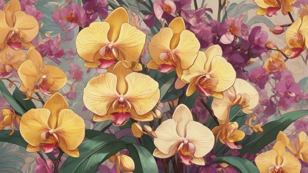 Ilustracja żywej orchidei w pełnym rozkwicie, ukazująca jej delikatne płatki i skomplikowane wzory. Orchidea jest wyeksponowana, oddając istotę elegancji i piękna.