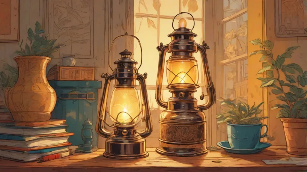 Ilustracja przedstawiająca staromodną lampę naftową, wyeksponowaną na pierwszym planie. Lampa jest pięknie wykonana z misternymi detalami, świecąca jasno, emitując ciepłe, przytulne światło.