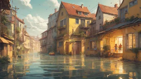 Ilustracja scenariusza zalania wodą, z wodą dominującą w większości sceny. Skupienie jest na samej wodzie, uchwycając istotę powodzi we współczesnym europejskim kontekście.