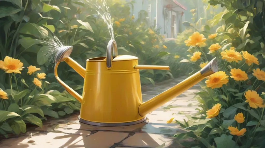 Ilustracja konewki na białym tle, wyraźnie wyeksponowana w centrum, zajmująca większość sceny. Konewka jest nowoczesna i elegancka, odzwierciedlając współczesne trendy w designie.