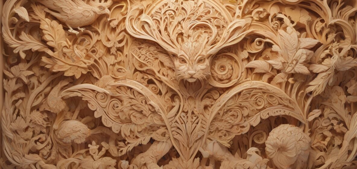 Ilustracja rzeźbienia w drewnie, ukazująca skomplikowane detale i kunszt. Rzeźba jest wyraźnie widoczna, oddając istotę kreatywności i umiejętności. Skupienie na drewnianej pracy, z widocznymi współczesnymi europejskimi wpływami w projekcie.