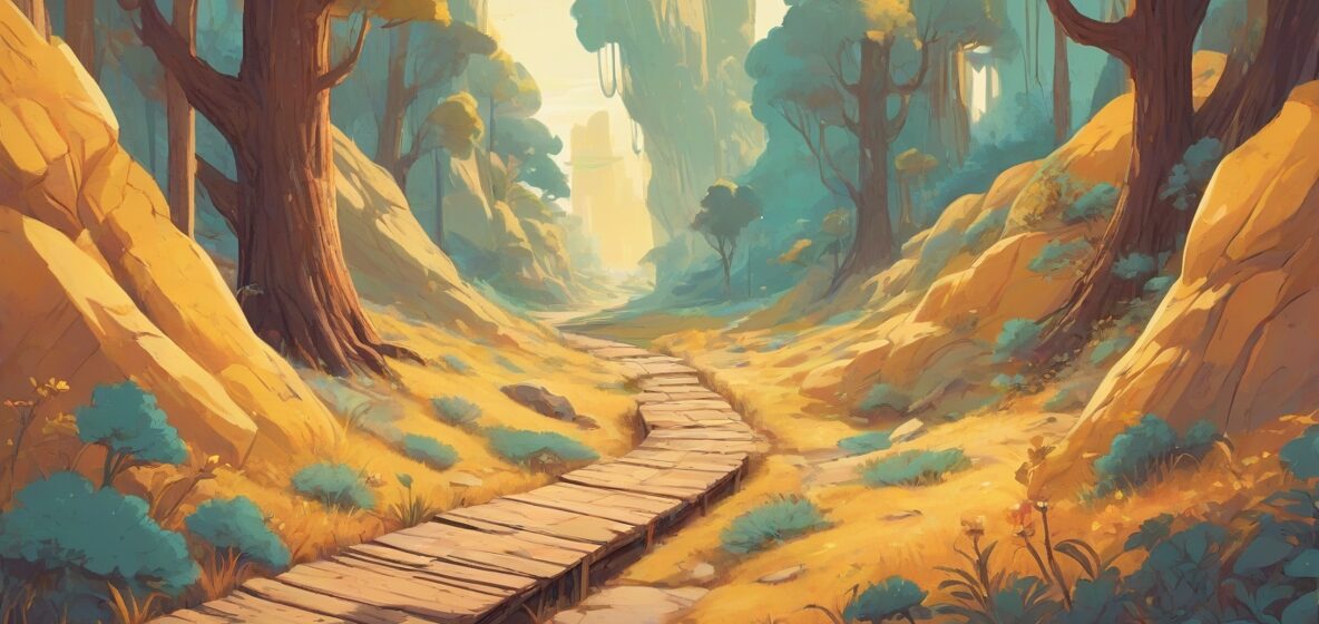 Ilustracja nieoznaczonej ścieżki, symbolizującej niepewność i eksplorację. Ścieżka jest wyraźnie widoczna, oddając istotę zagubienia, ale także otwartości na nowe możliwości.