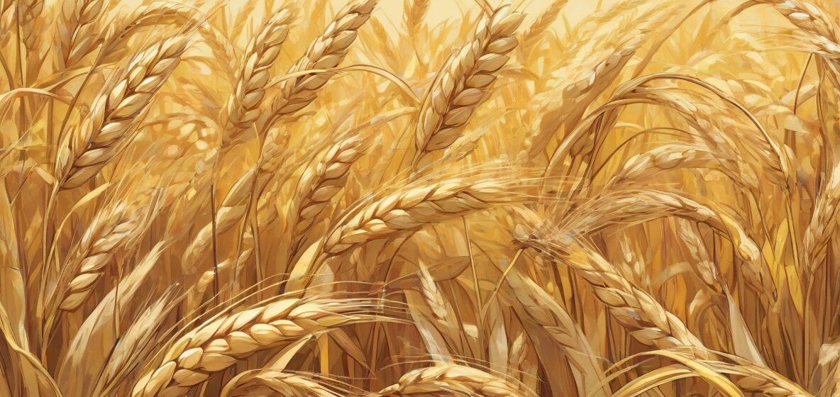 Ilustracja jęczmienia, wyraźnie widocznego na pierwszym planie, ukazująca jego złote, dojrzałe ziarna. Skupia się na bogatej fakturze i szczegółach jęczmienia, oddając istotę obfitości i pomyślności.